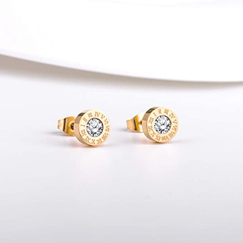Round diamond set Roman numerals titanium steel earrings