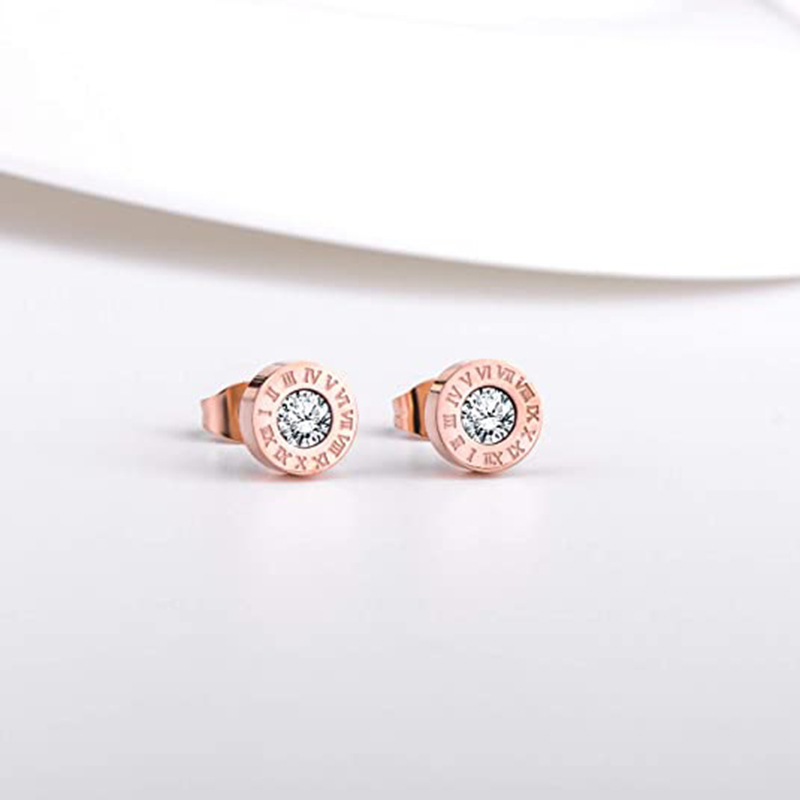 Round diamond set Roman numerals titanium steel earrings