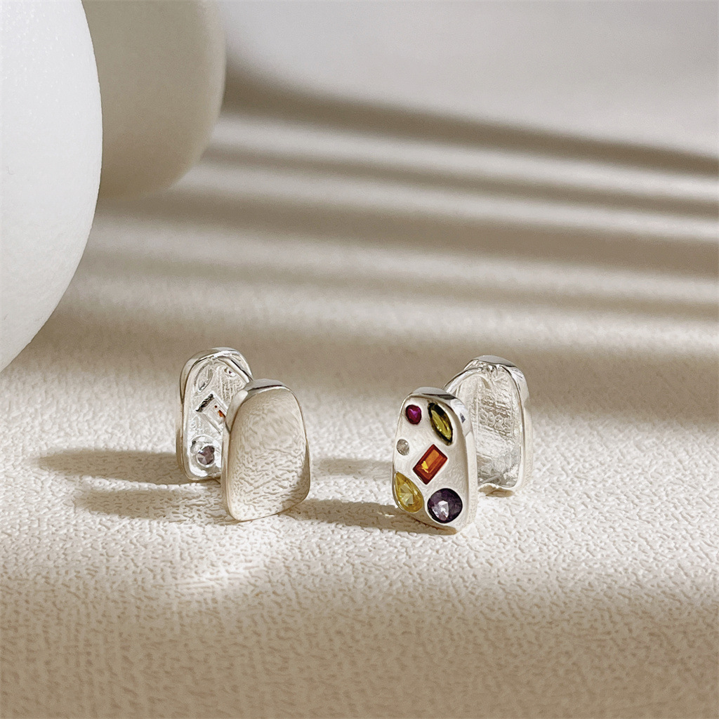 S925 sterling silver color diamond Trapezoid double-sided ear beat square earrings