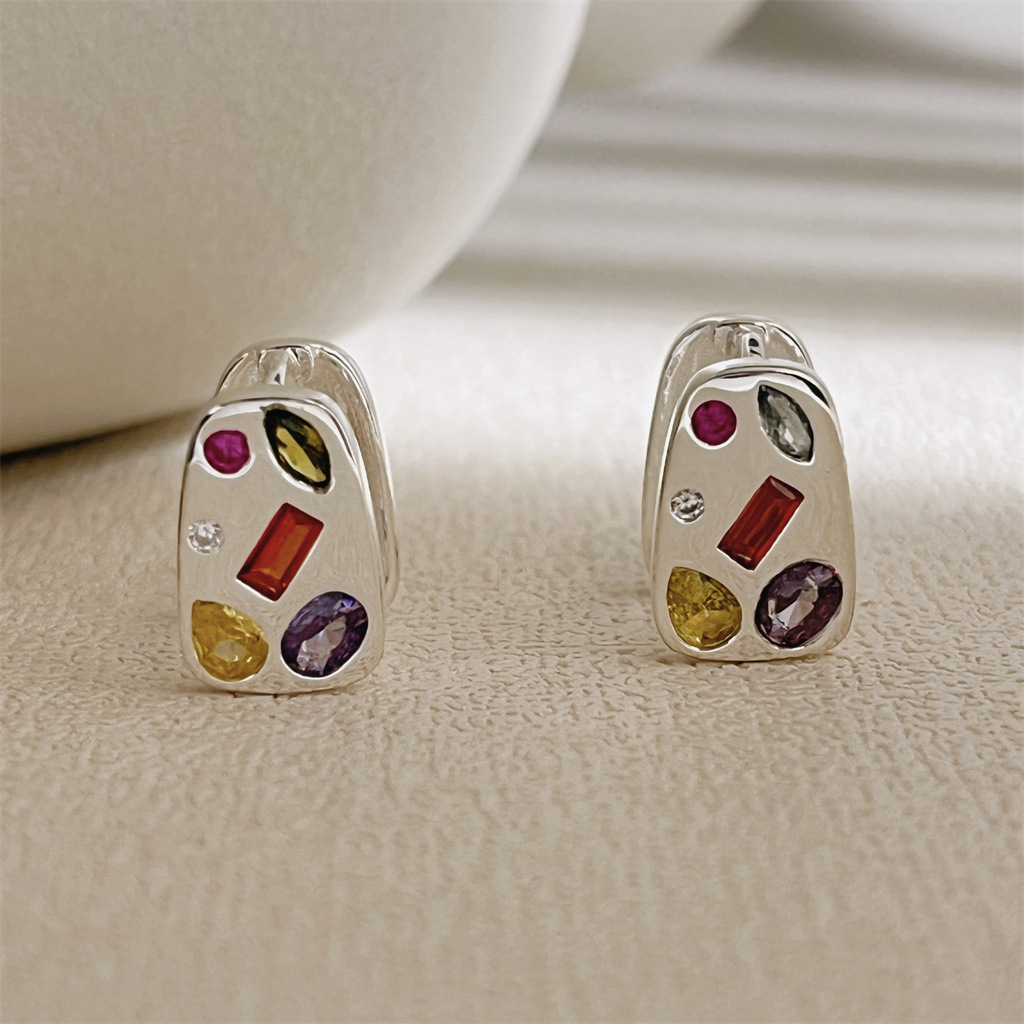 S925 sterling silver color diamond Trapezoid double-sided ear beat square earrings