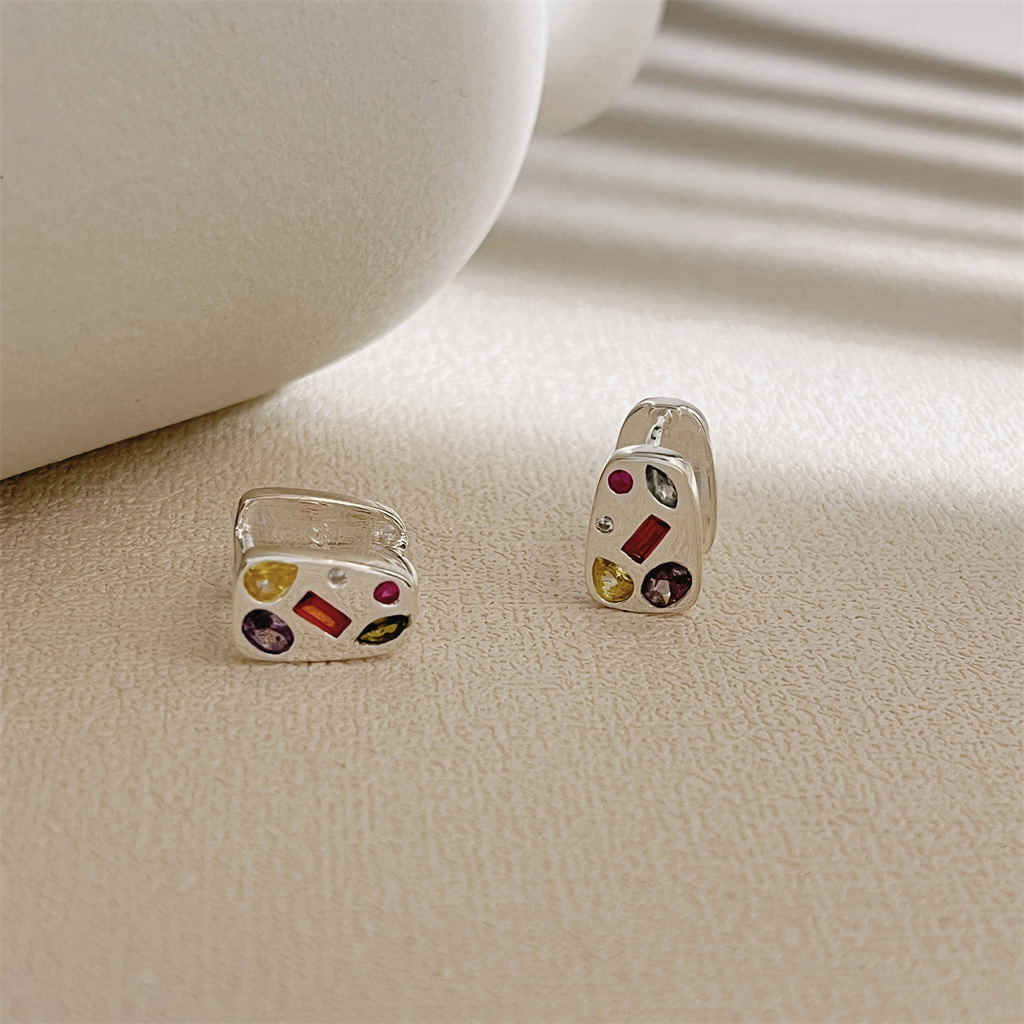 S925 sterling silver color diamond Trapezoid double-sided ear beat square earrings