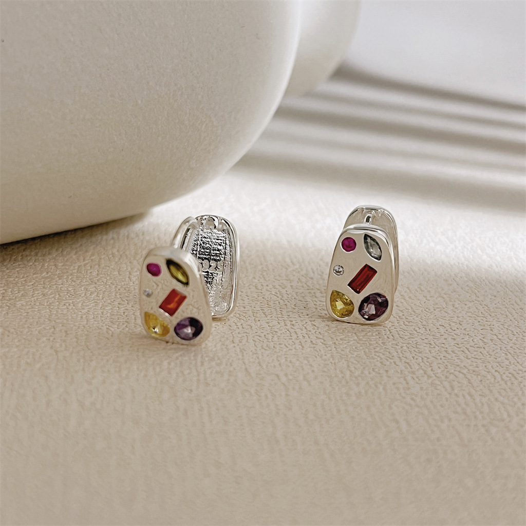 S925 sterling silver color diamond Trapezoid double-sided ear beat square earrings