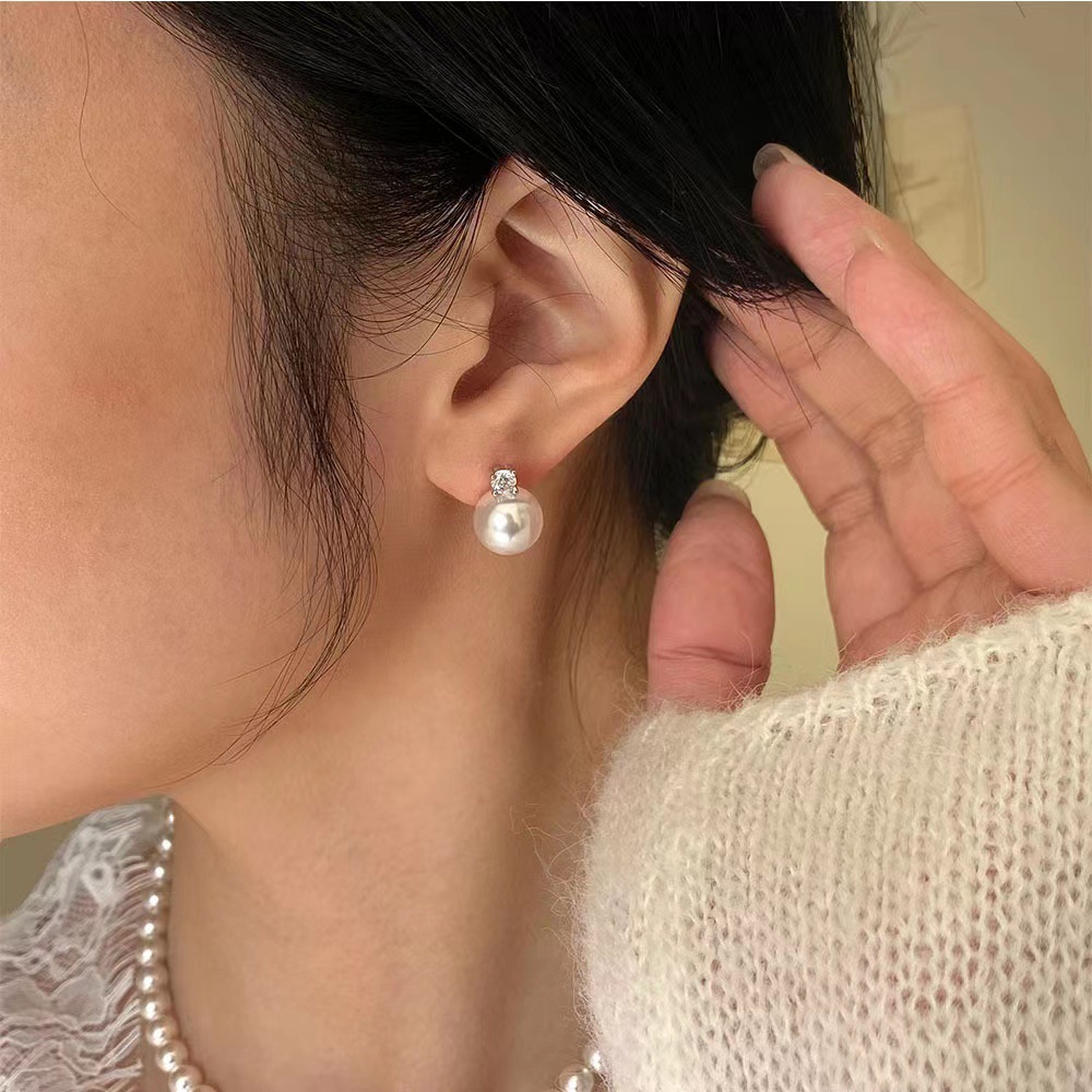 S925 sterling silver high carbon diamond pearl stud earrings