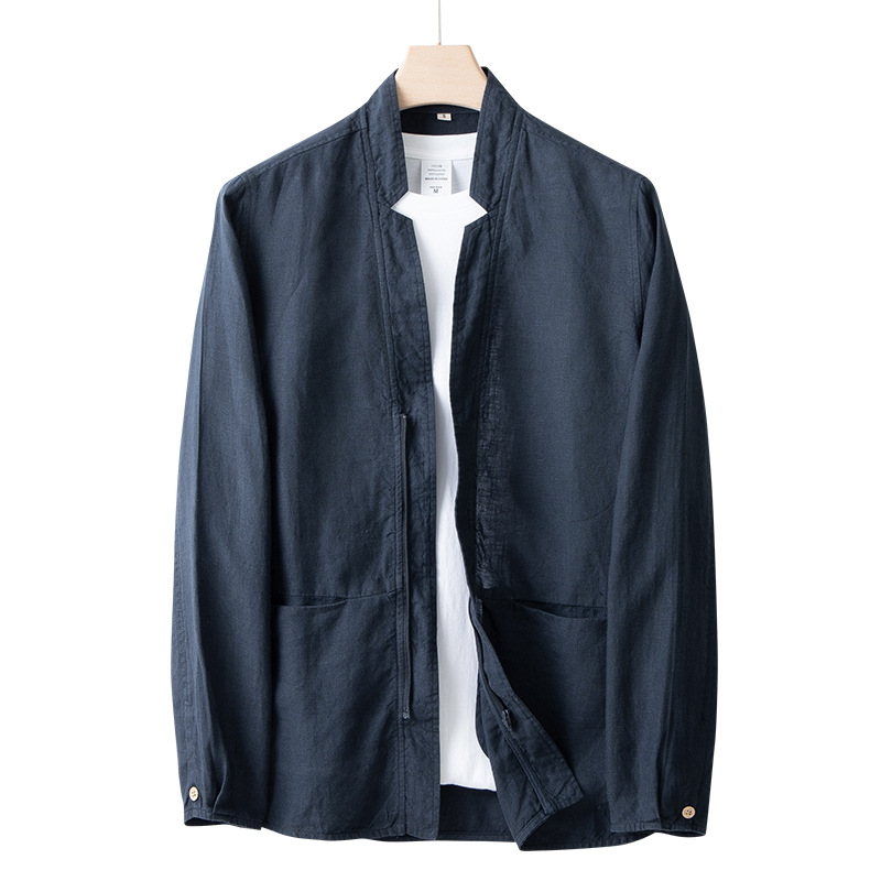 Spring and autumn linen men’s casual simple jacket loose stand collar jacket