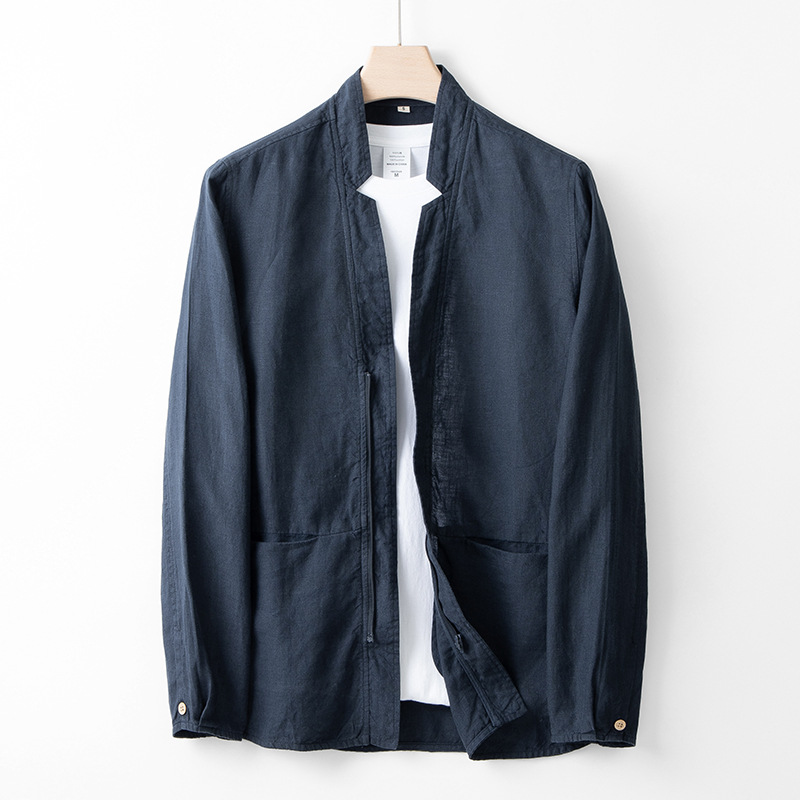 Spring and autumn linen men’s casual simple jacket loose stand collar jacket