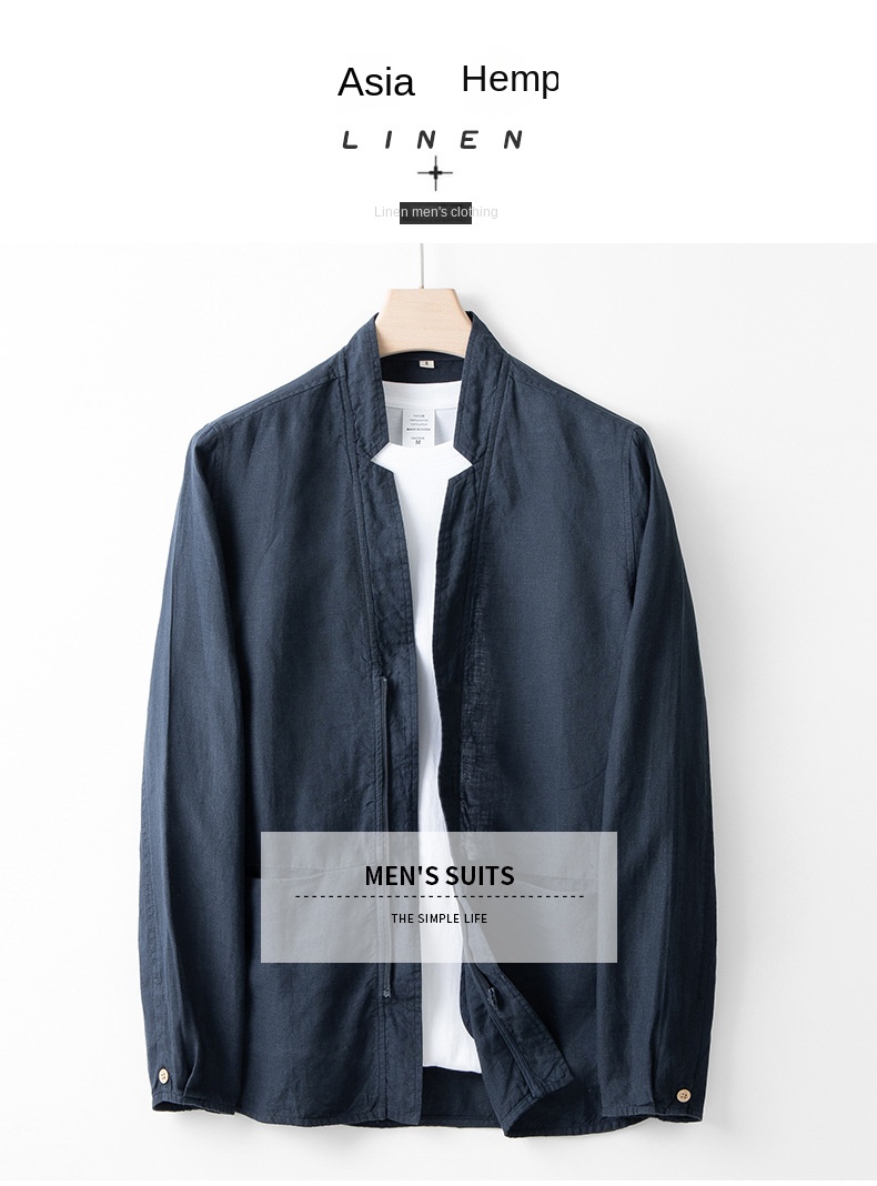 Spring and autumn linen men’s casual simple jacket loose stand collar jacket