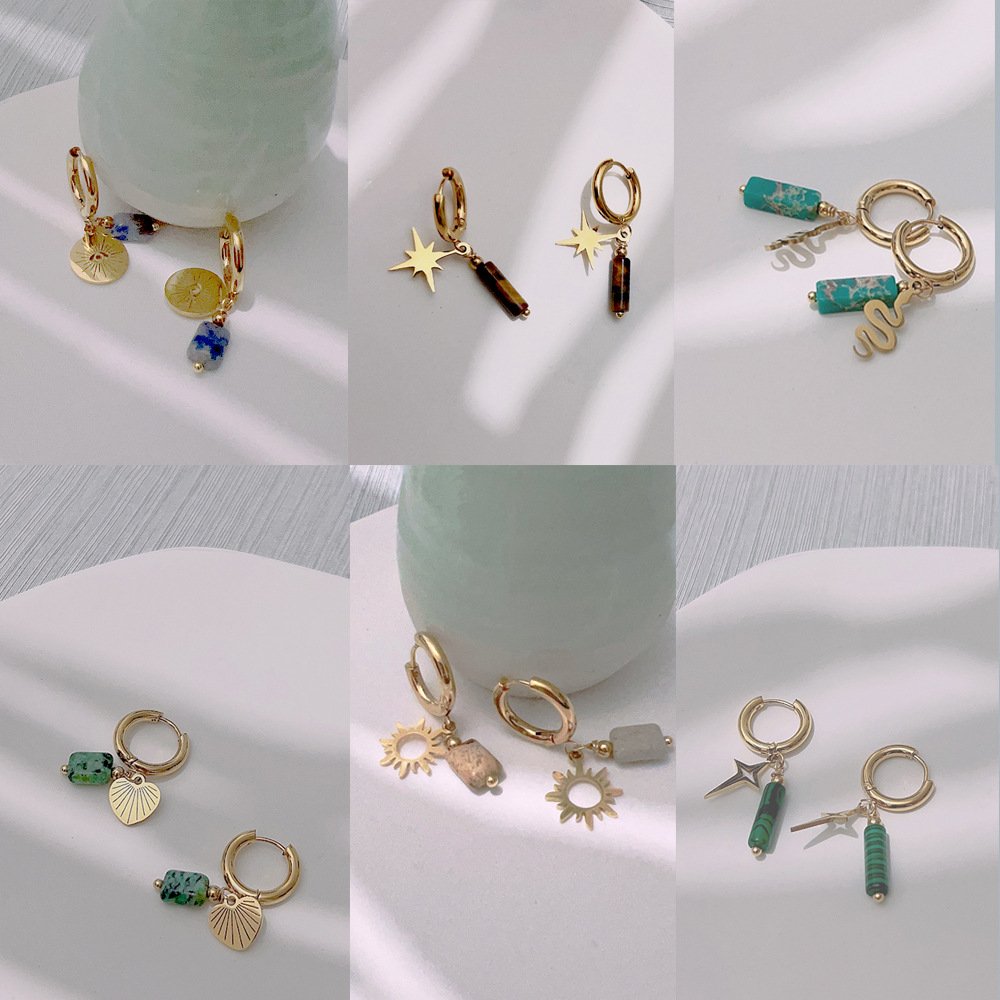 Titanium steel gold-plated natural stone earrings octet star turquoise earrings