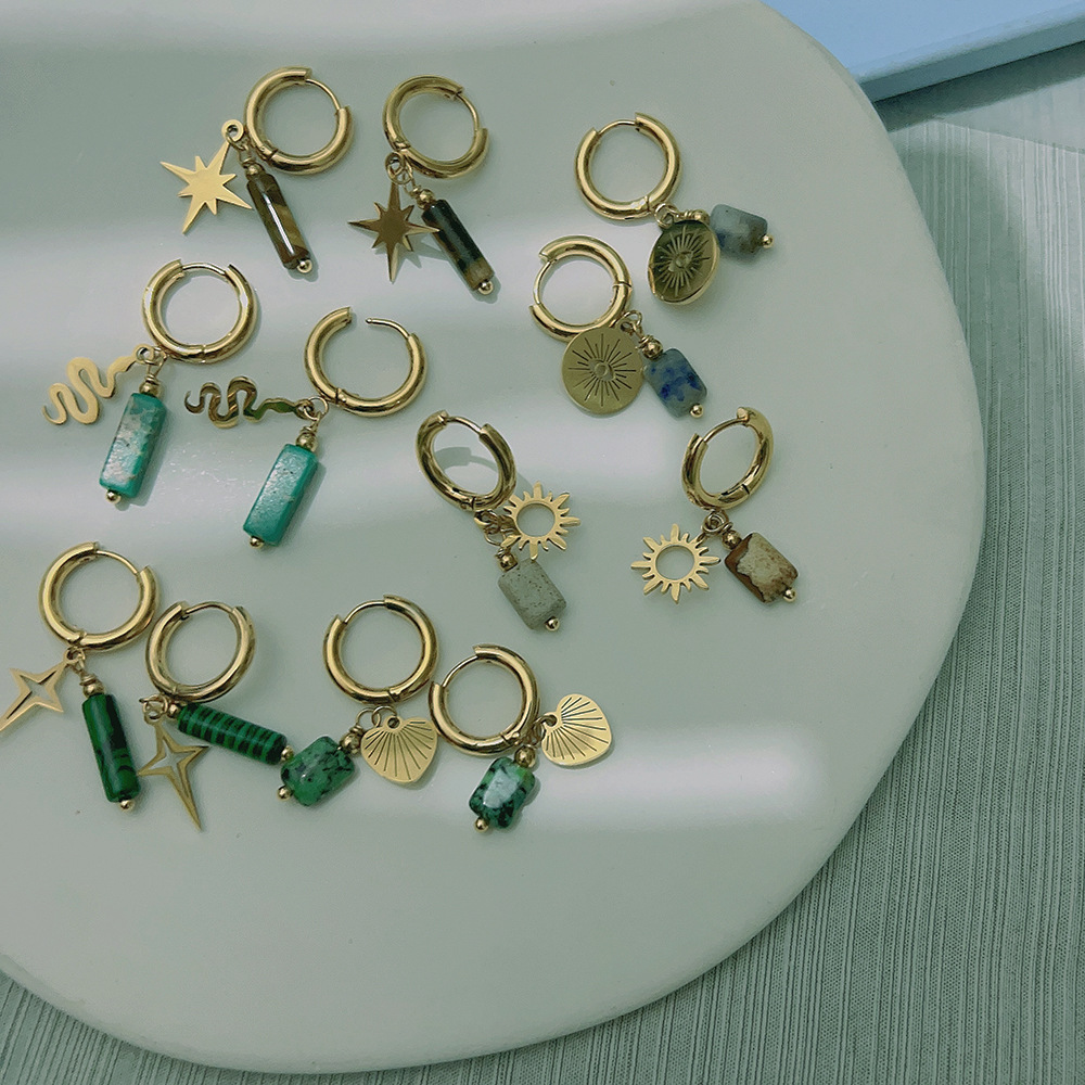 Titanium steel gold-plated natural stone earrings octet star turquoise earrings