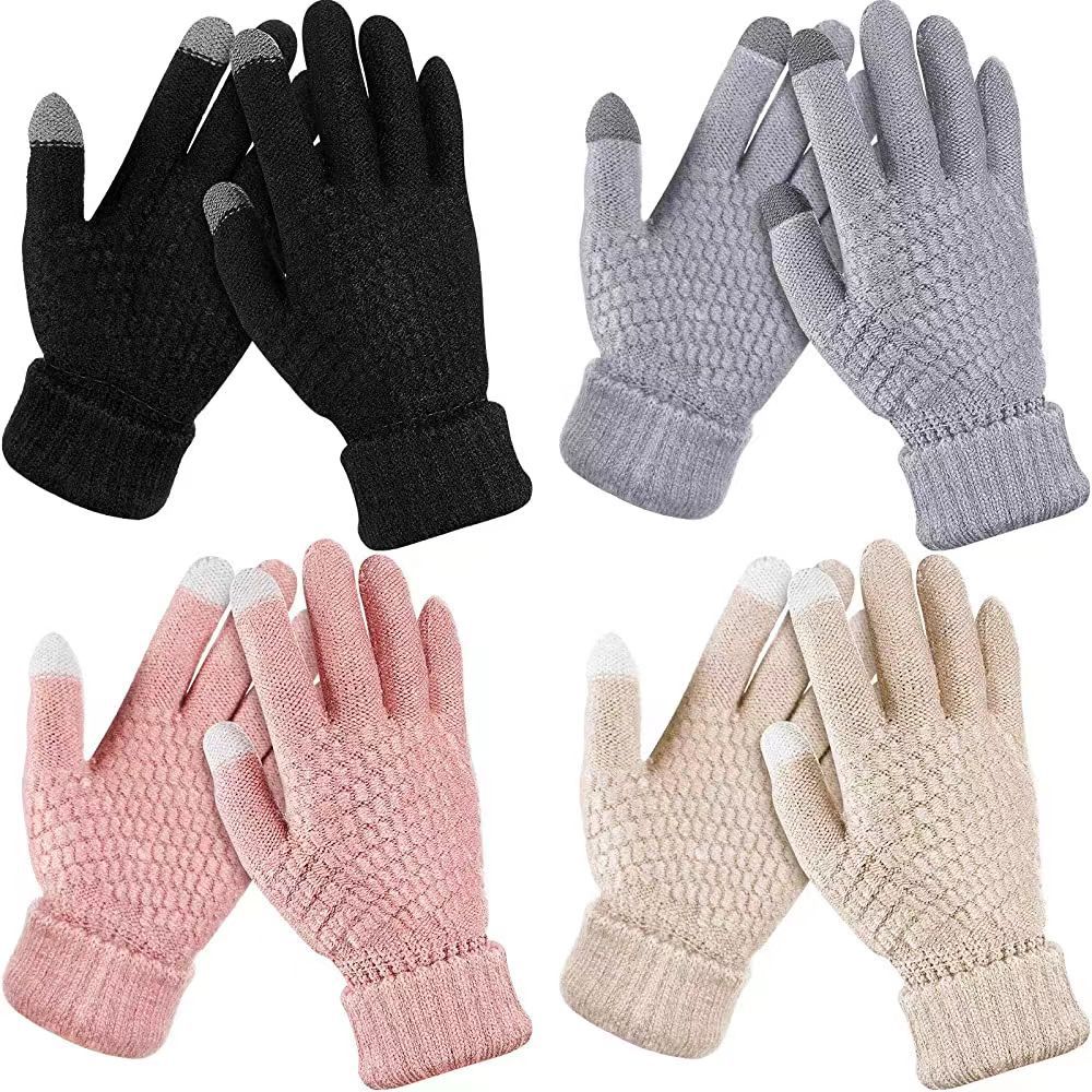 Winter knit and fleece jacquard touch screen gloves for women