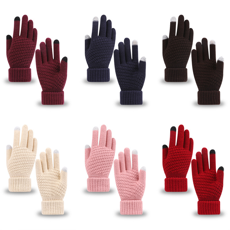 Winter knit and fleece jacquard touch screen gloves for women