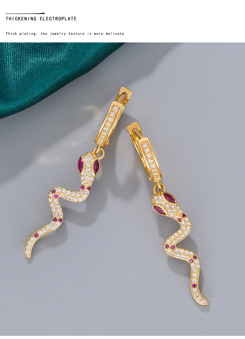Zircon ruby snake-shaped earrings with micro-inset