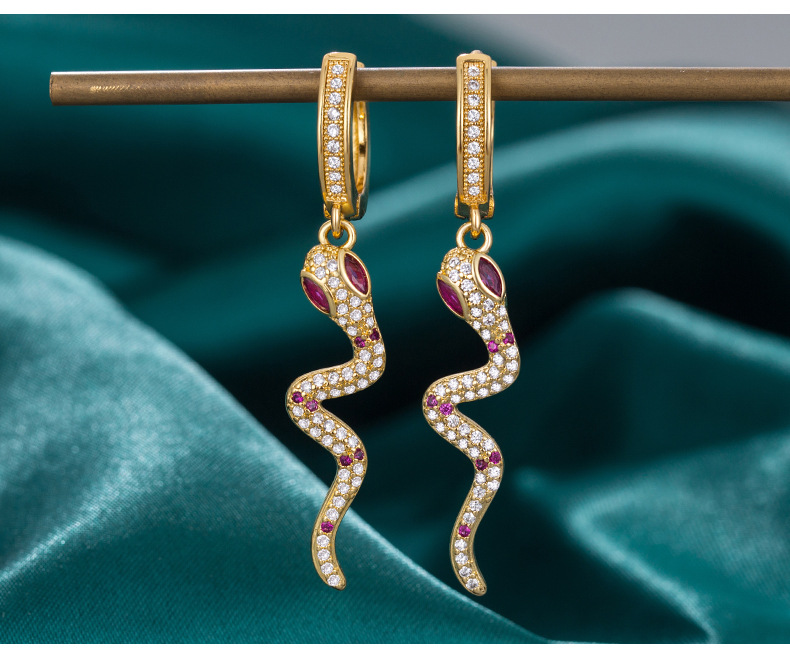 Zircon ruby snake-shaped earrings with micro-inset
