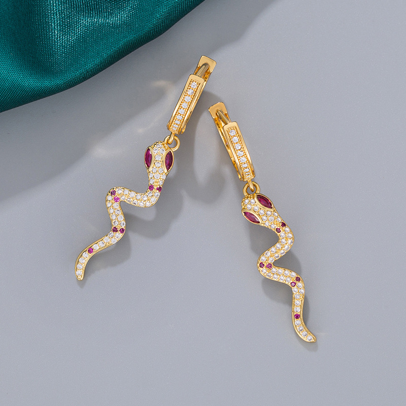 Zircon ruby snake-shaped earrings with micro-inset