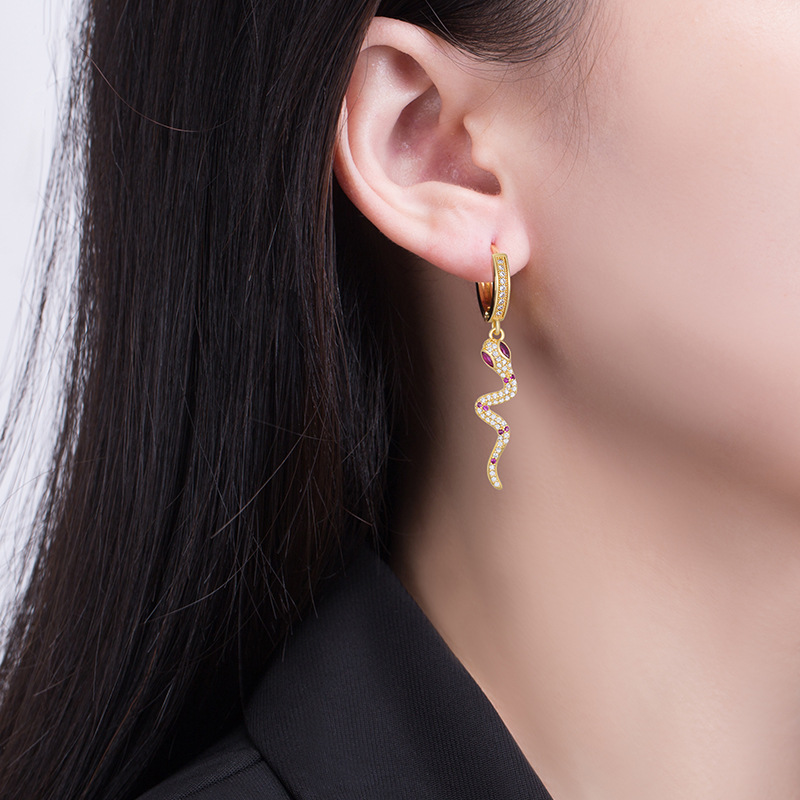 Zircon ruby snake-shaped earrings with micro-inset