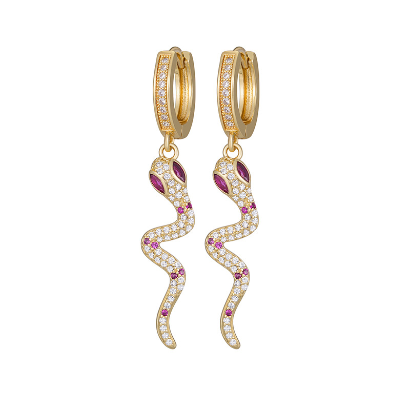 Zircon ruby snake-shaped earrings with micro-inset