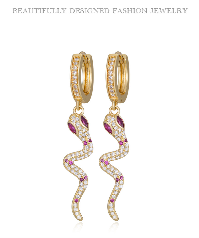 Zircon ruby snake-shaped earrings with micro-inset