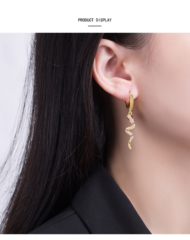 Zircon ruby snake-shaped earrings with micro-inset