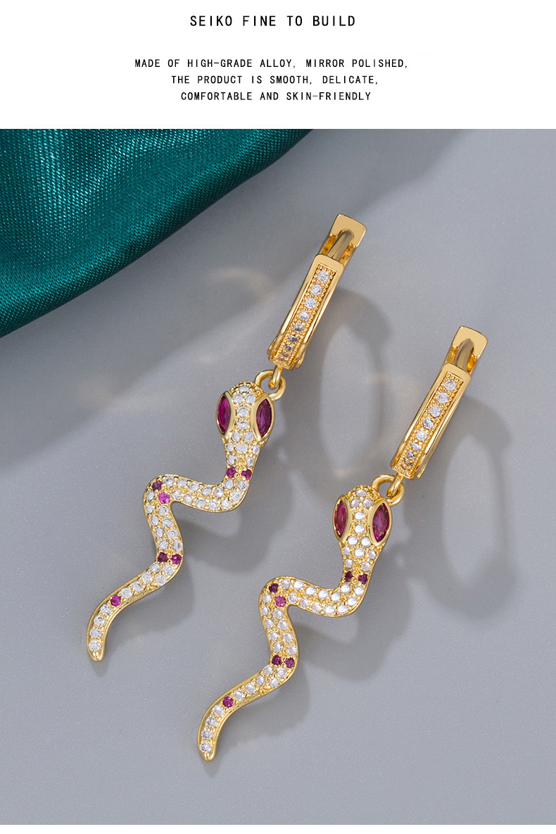 Zircon ruby snake-shaped earrings with micro-inset
