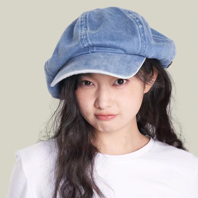 Autumn and winter cowboy beret women’s all-matching face small cloud hat big head round concave shape octagon painter’s hat