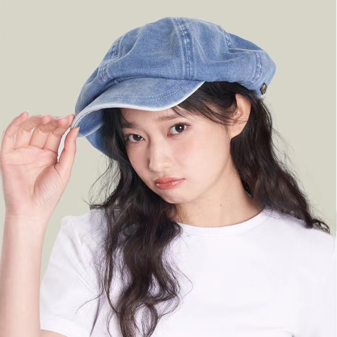 Autumn and winter cowboy beret women’s all-matching face small cloud hat big head round concave shape octagon painter’s hat