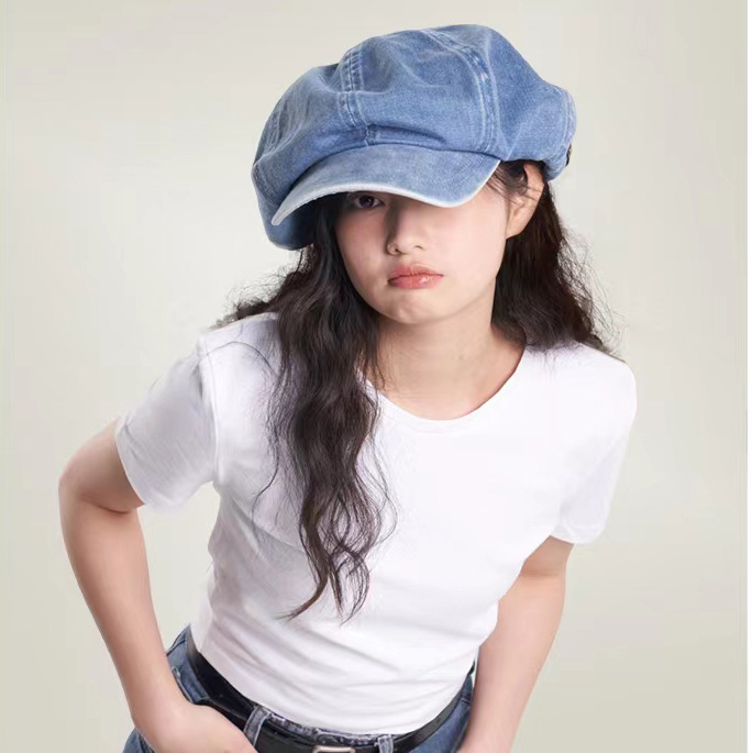 Autumn and winter cowboy beret women’s all-matching face small cloud hat big head round concave shape octagon painter’s hat