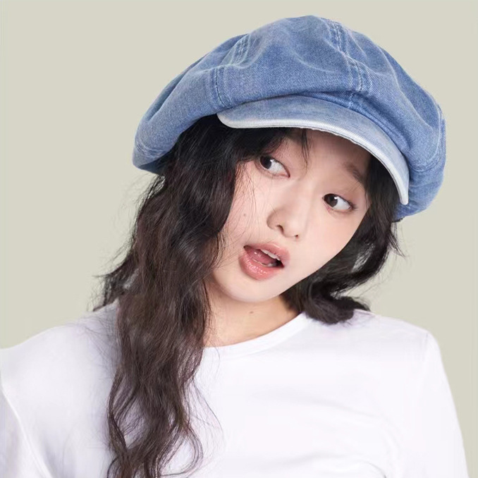 Autumn and winter cowboy beret women’s all-matching face small cloud hat big head round concave shape octagon painter’s hat