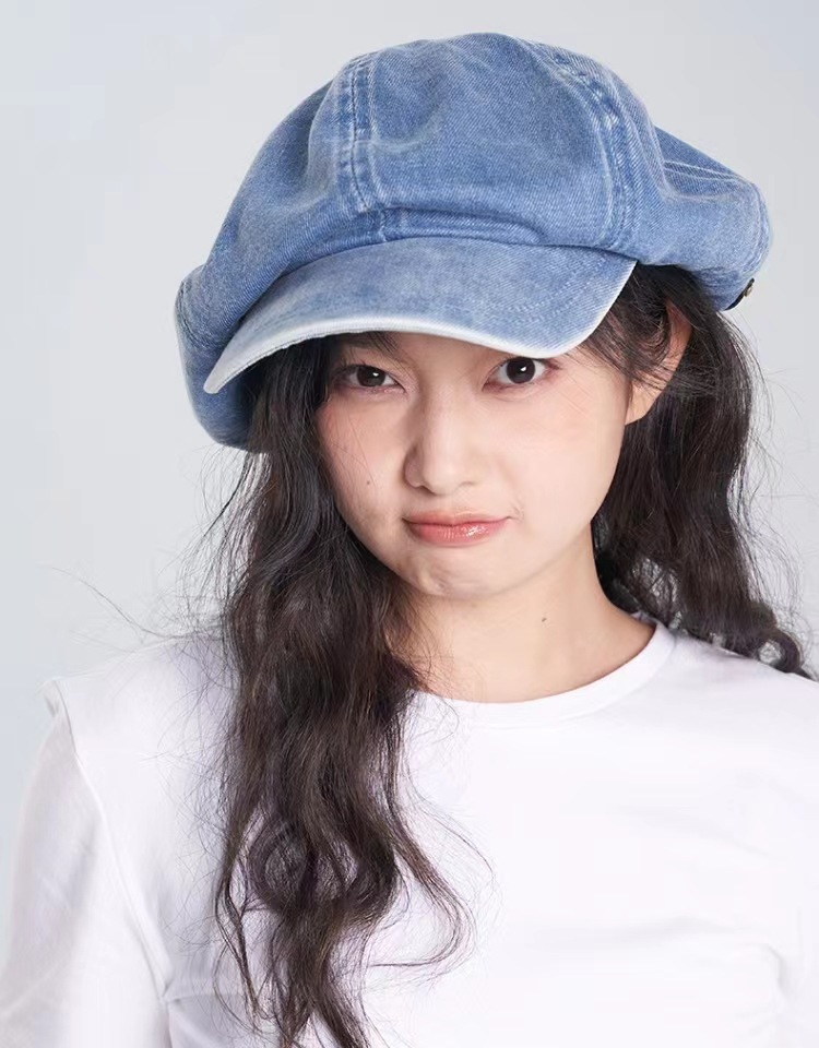 Autumn and winter cowboy beret women’s all-matching face small cloud hat big head round concave shape octagon painter’s hat