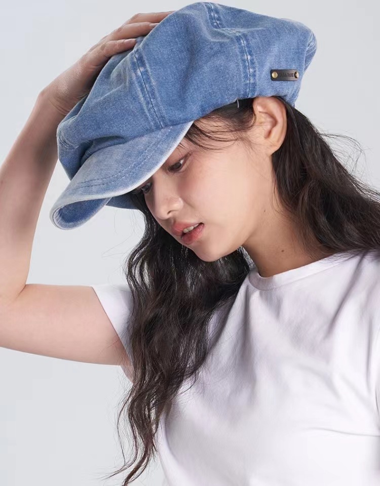 Autumn and winter cowboy beret women’s all-matching face small cloud hat big head round concave shape octagon painter’s hat