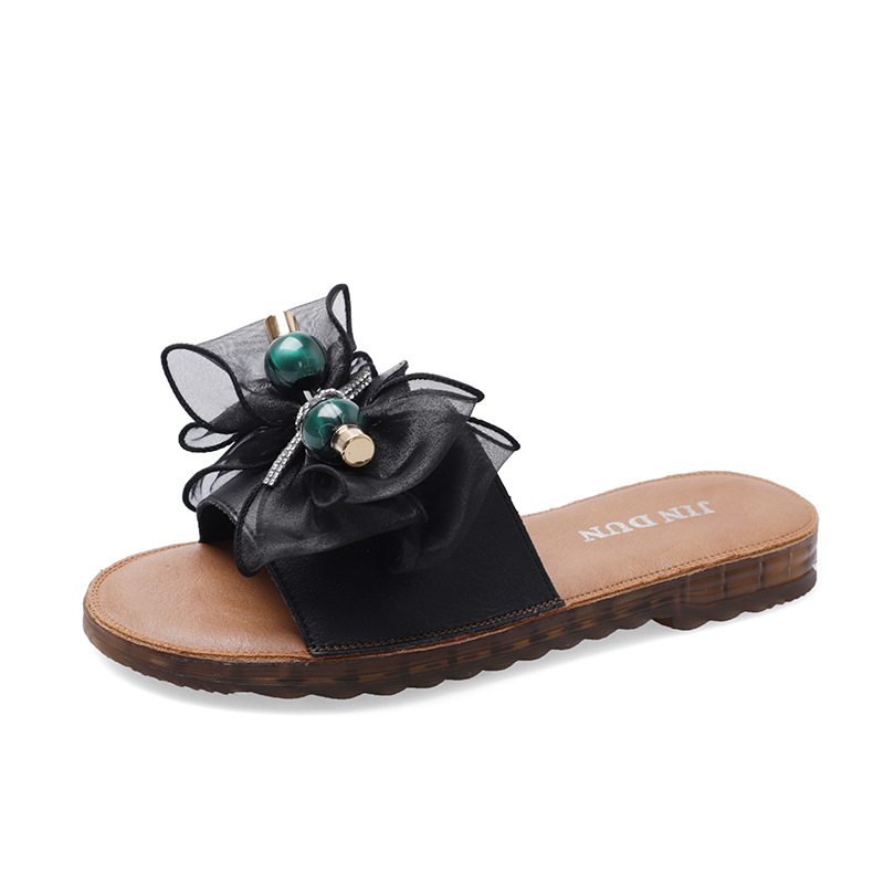 Beach slippers with bow on beef tendon sole