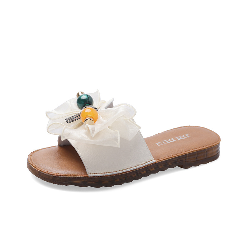 Beach slippers with bow on beef tendon sole