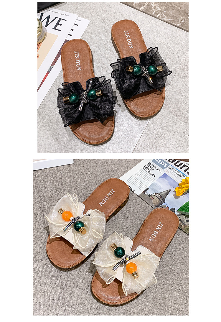Beach slippers with bow on beef tendon sole
