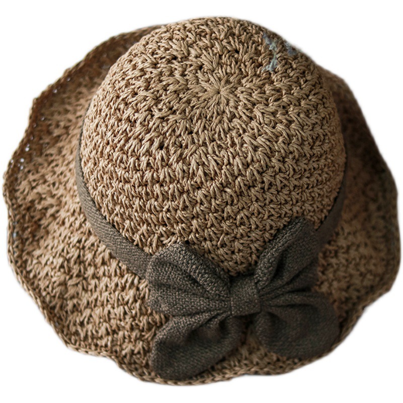 Elegant bow straw hat domed outdoor outing beach hat