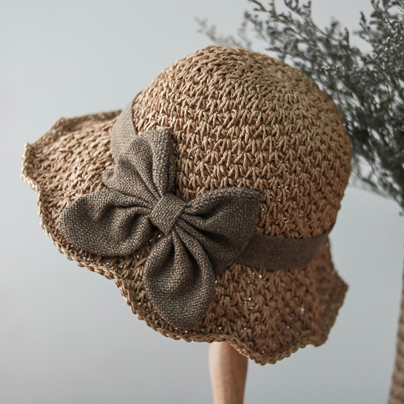Elegant bow straw hat domed outdoor outing beach hat