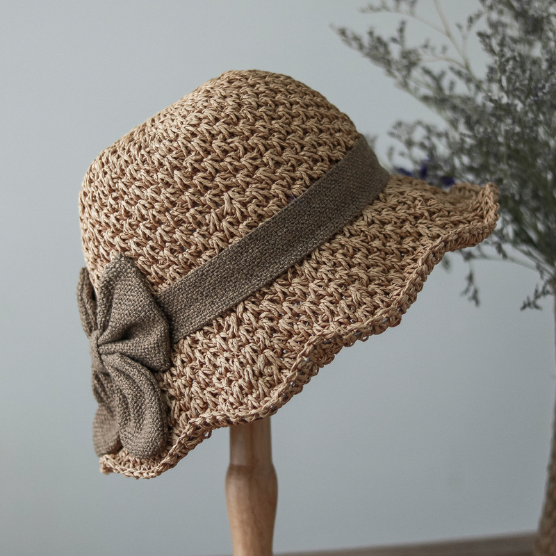Elegant bow straw hat domed outdoor outing beach hat