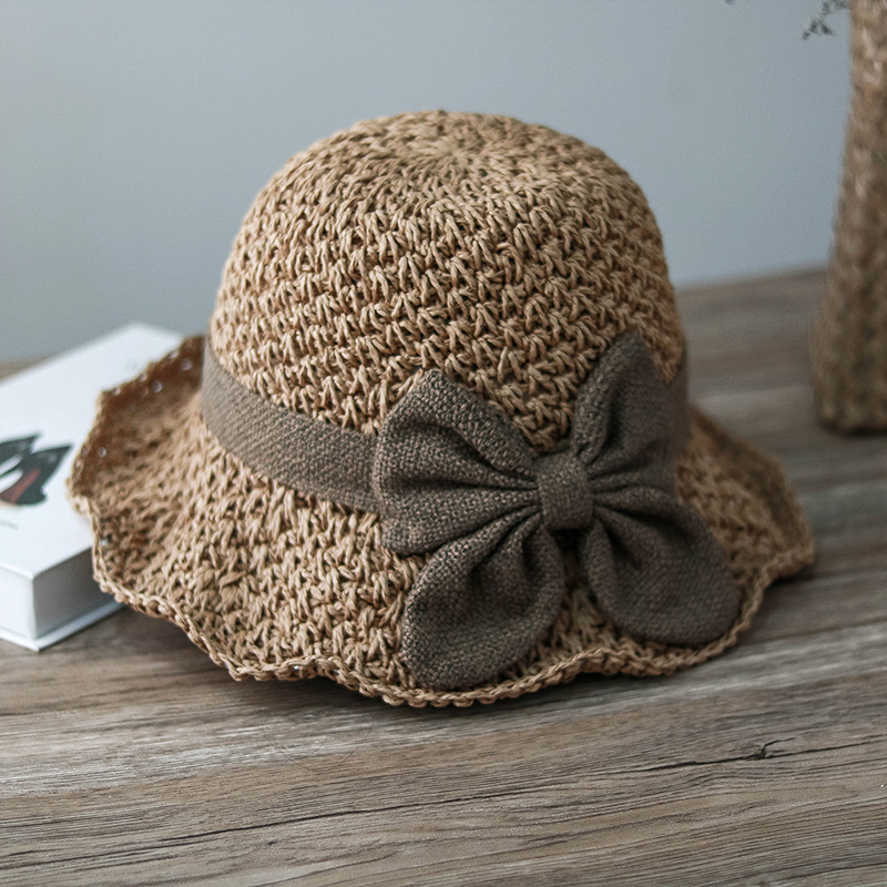 Elegant bow straw hat domed outdoor outing beach hat