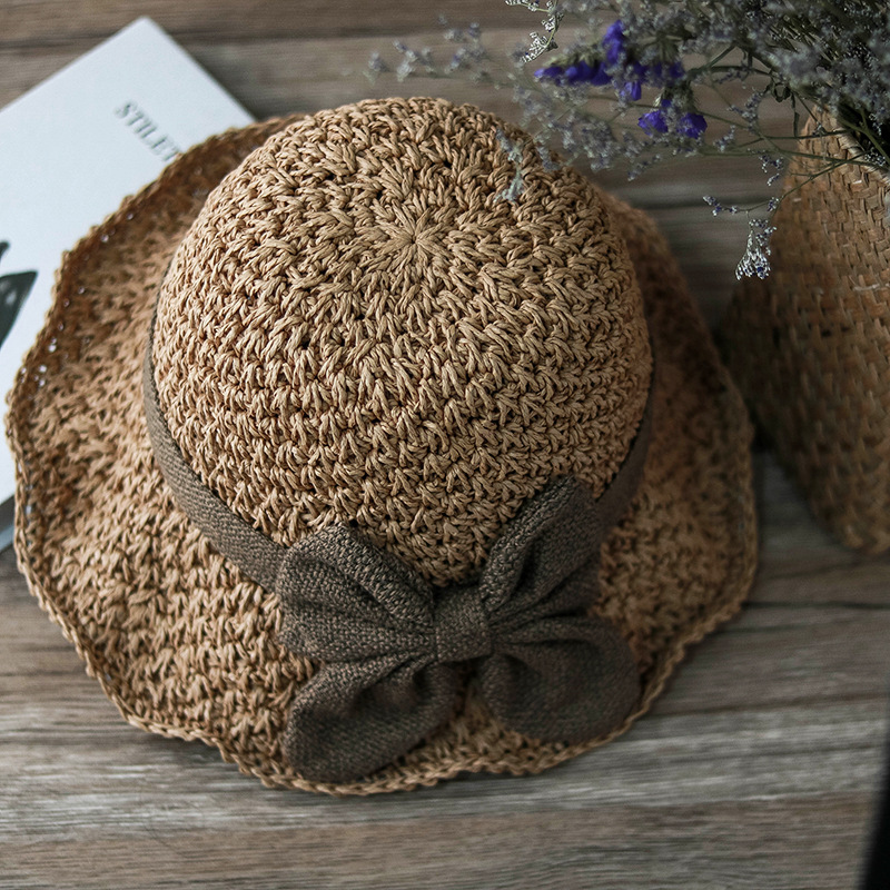 Elegant bow straw hat domed outdoor outing beach hat