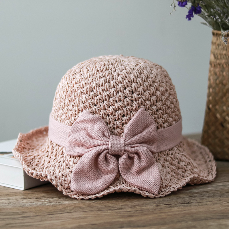 Elegant bow straw hat domed outdoor outing beach hat
