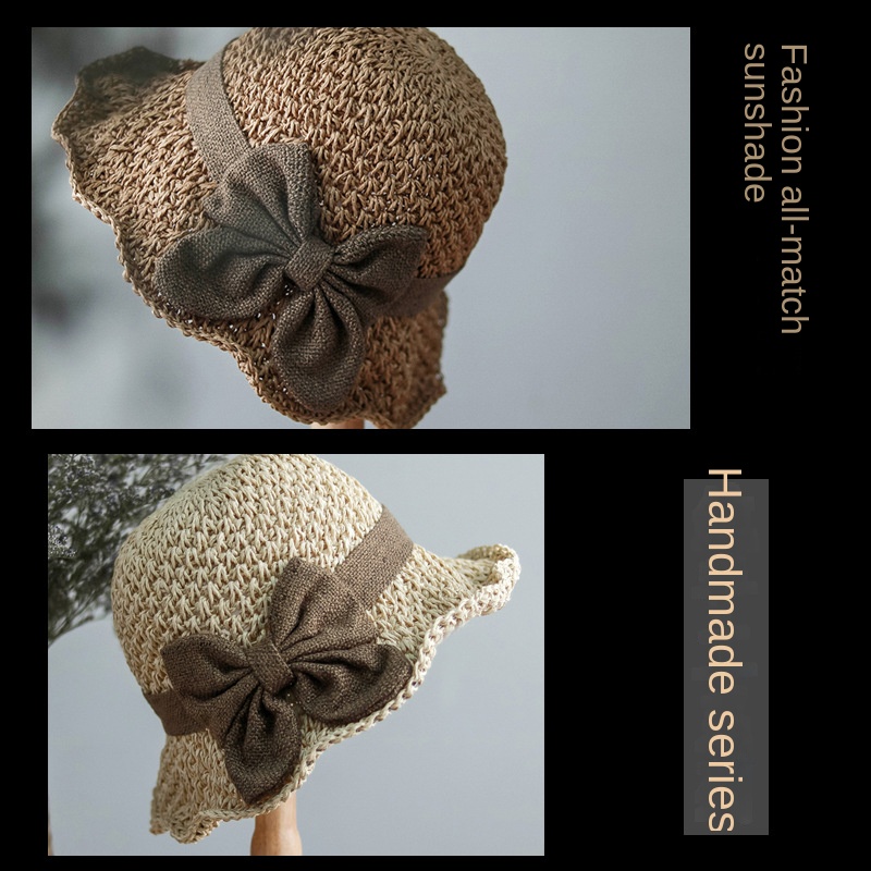 Elegant bow straw hat domed outdoor outing beach hat