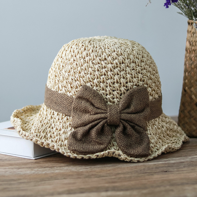 Elegant bow straw hat domed outdoor outing beach hat