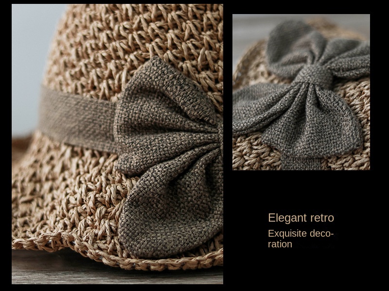 Elegant bow straw hat domed outdoor outing beach hat