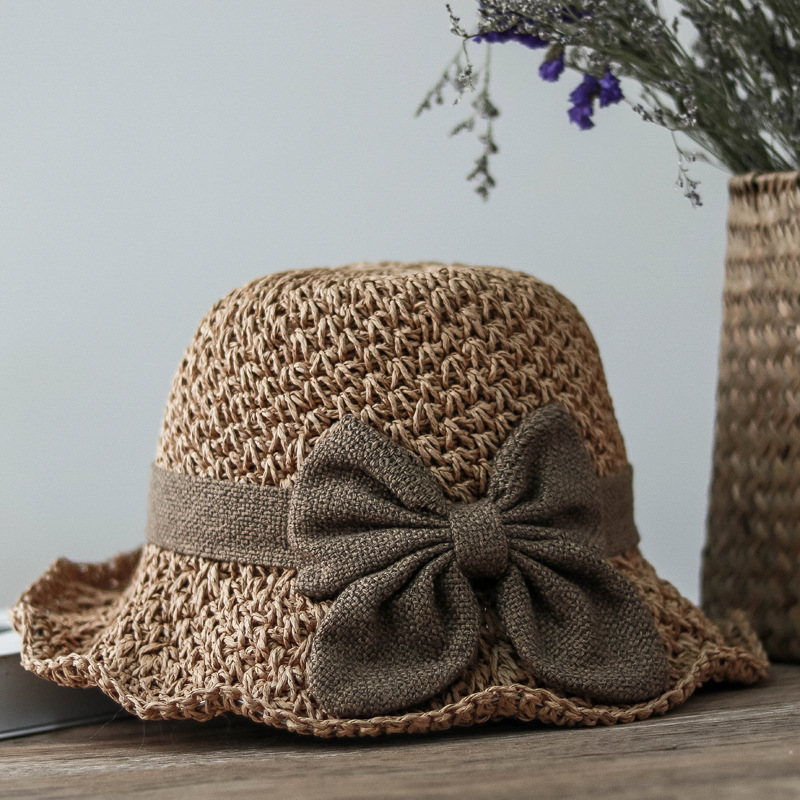 Elegant bow straw hat domed outdoor outing beach hat