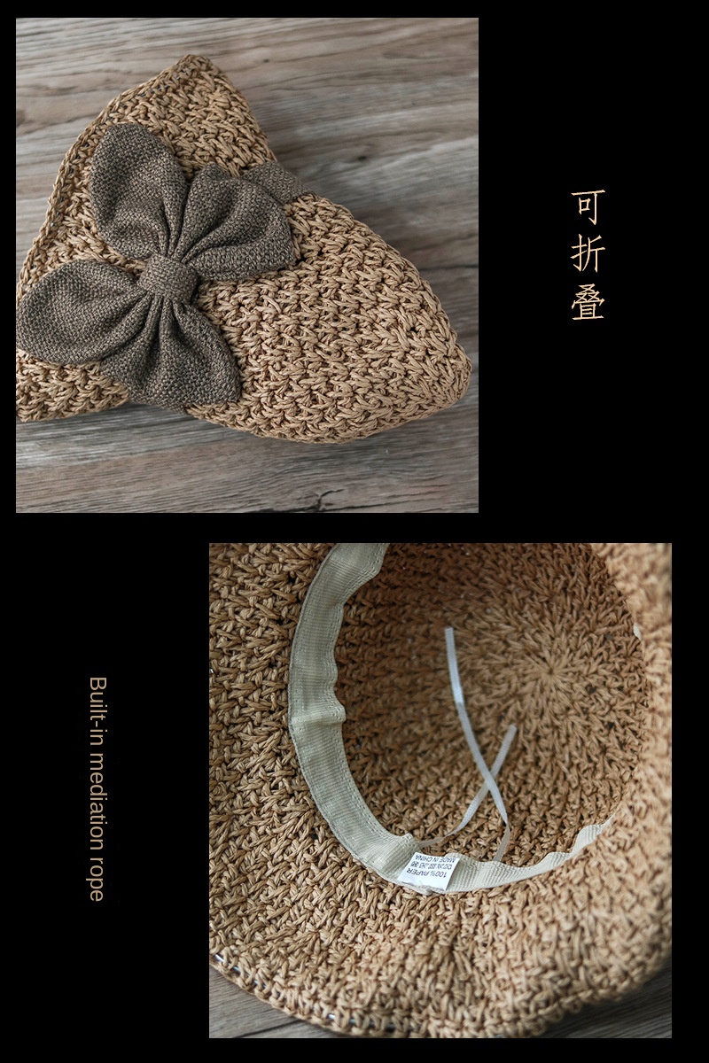 Elegant bow straw hat domed outdoor outing beach hat