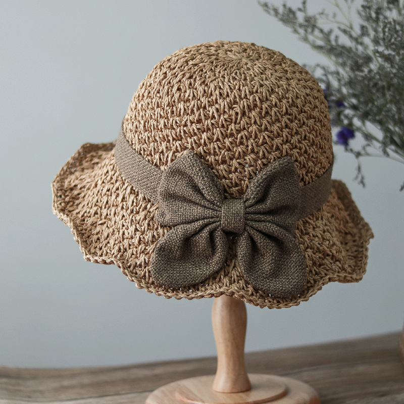 Elegant bow straw hat domed outdoor outing beach hat
