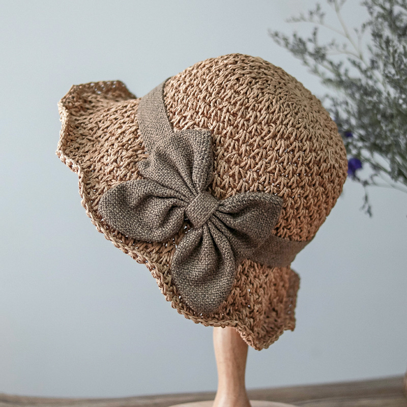 Elegant bow straw hat domed outdoor outing beach hat