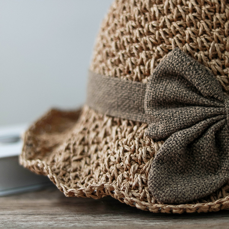 Elegant bow straw hat domed outdoor outing beach hat