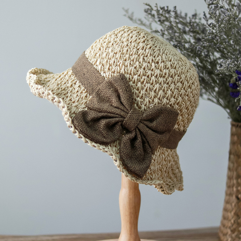 Elegant bow straw hat domed outdoor outing beach hat