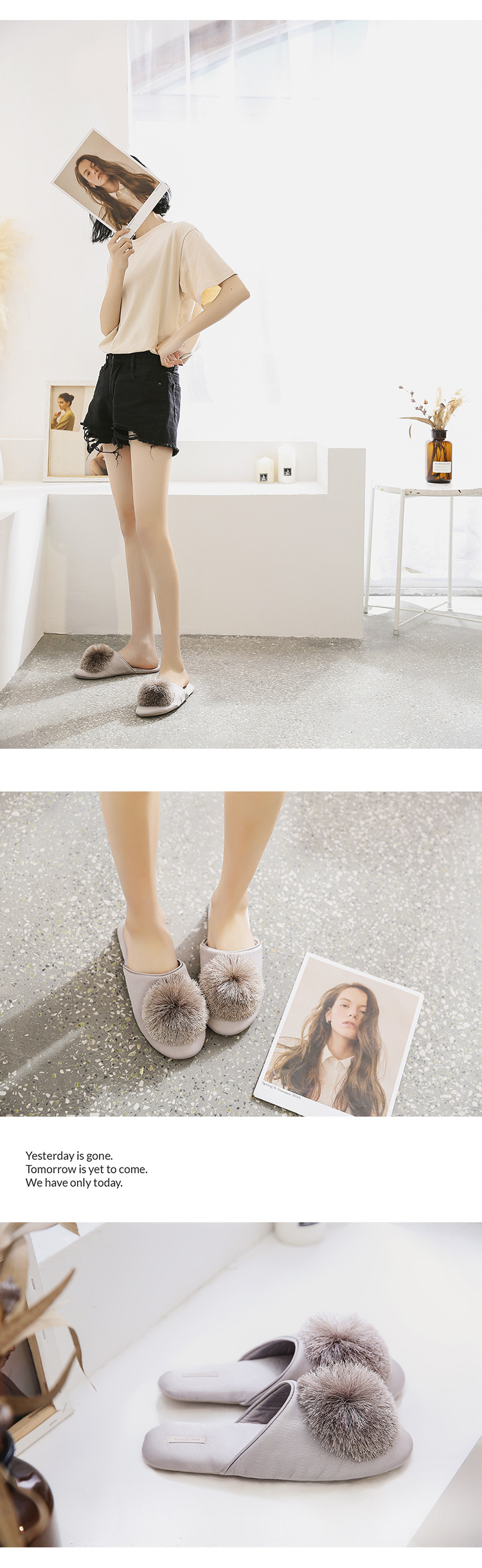 Fringe ball comfortable fluffy indoor home slippers