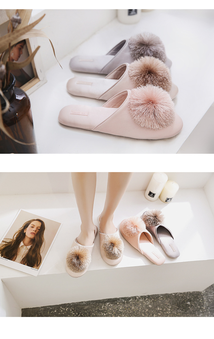Fringe ball comfortable fluffy indoor home slippers
