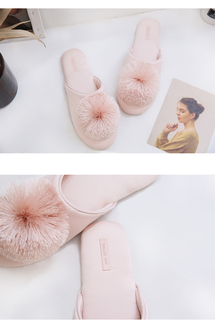 Fringe ball comfortable fluffy indoor home slippers