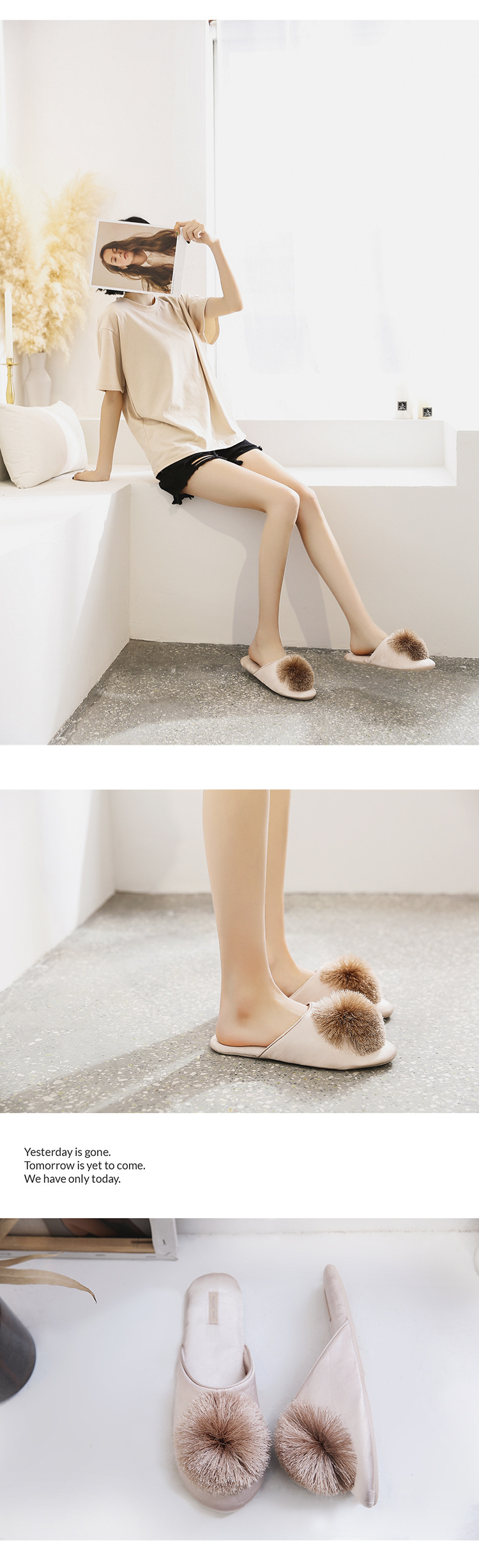 Fringe ball comfortable fluffy indoor home slippers